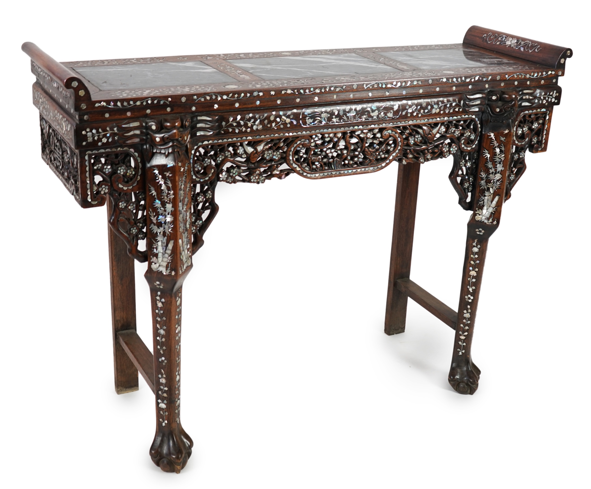 A good Chinese mother-of-pearl inlaid and marble topped hongmu altar table, late 19th/early 20th century